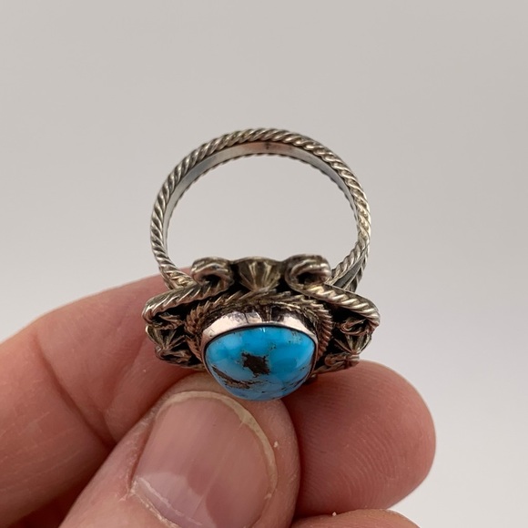TURQUOISE NAVAJO RUNNING BEAR SIGNED STERLING SILVER RING VINTAGE SIZE 8.25 - Picture 4 of 13